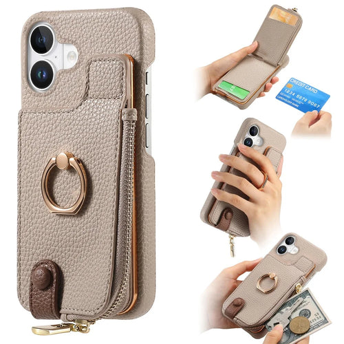 Y3 For iPhone 16 Case Card Holder Kickstand Leather+TPU Phone Cover with Zipper Pocket - Khaki - 1