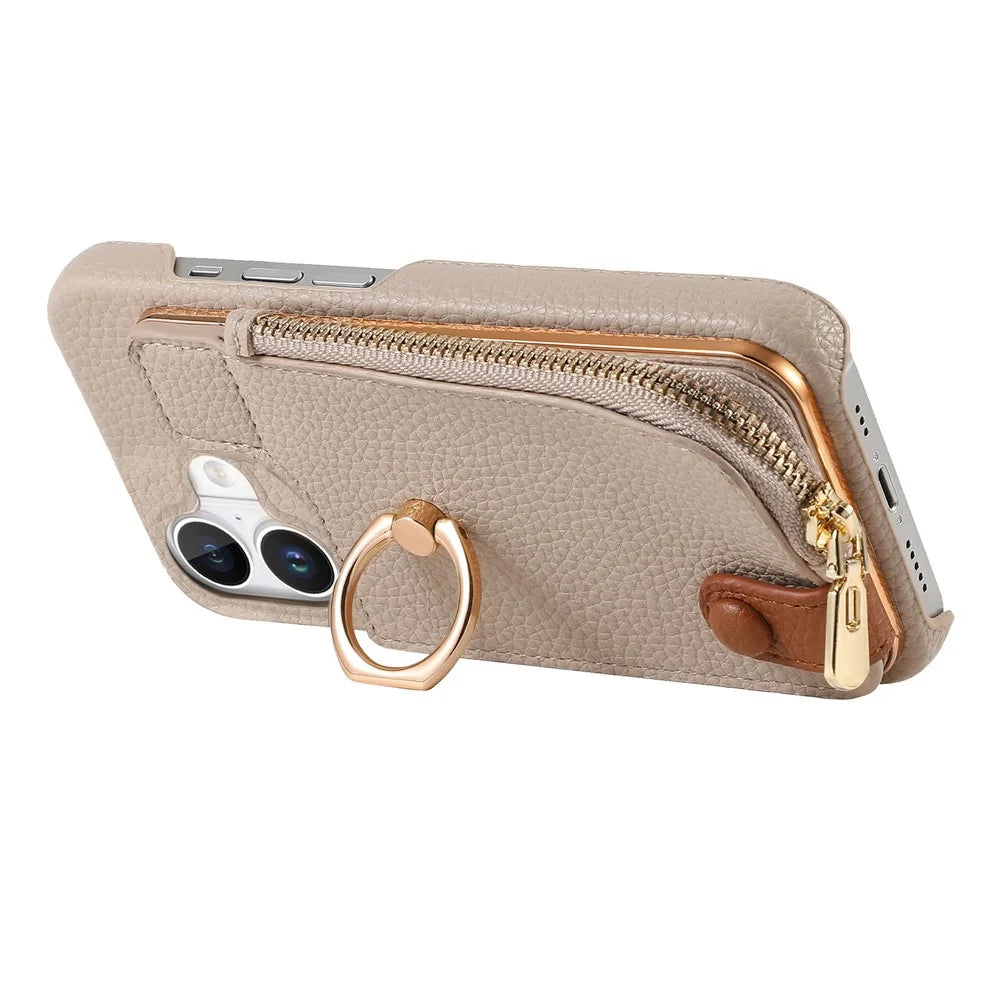 Y3 For iPhone 16 Case Card Holder Kickstand Leather+TPU Phone Cover with Zipper Pocket - Khaki - 2