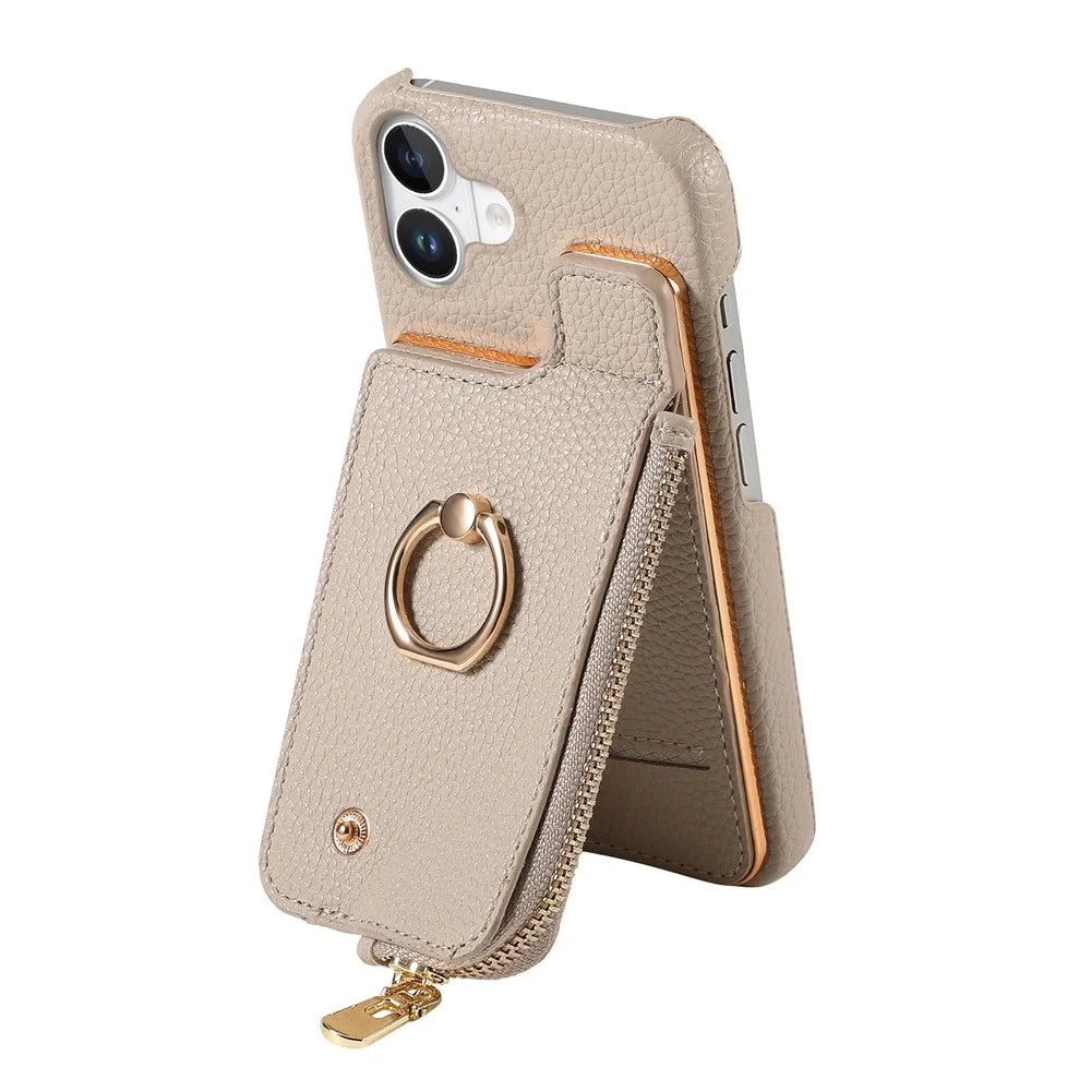 Y3 For iPhone 16 Case Card Holder Kickstand Leather+TPU Phone Cover with Zipper Pocket - Khaki - 3