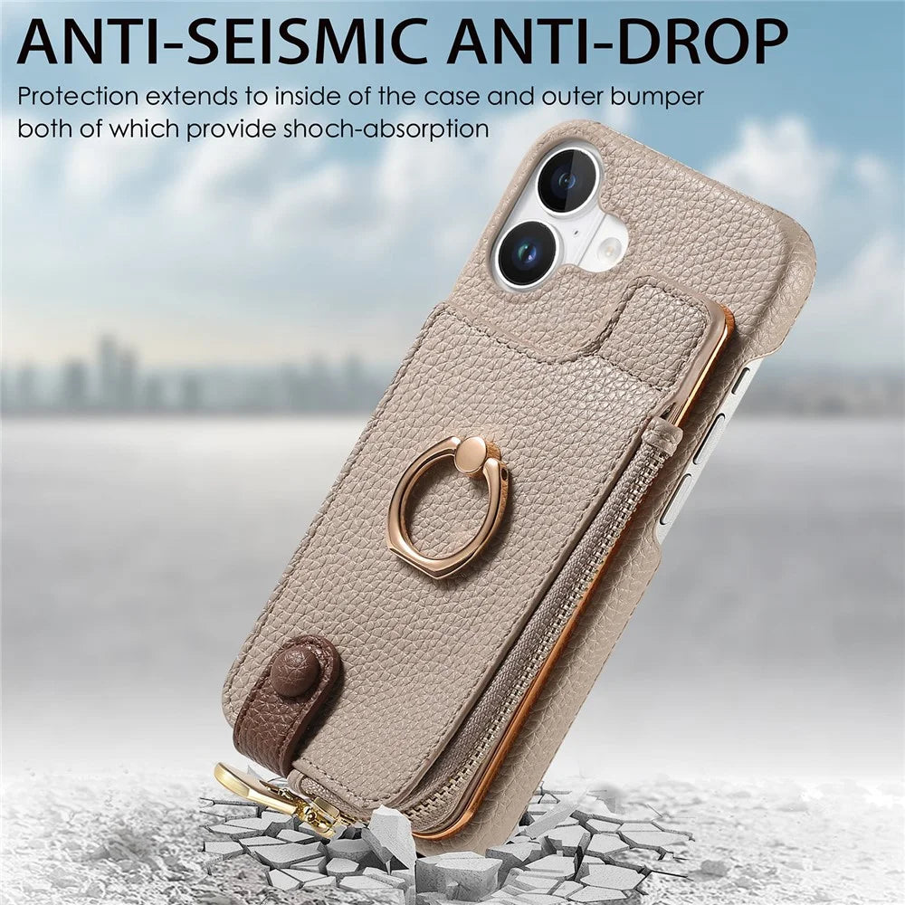 Y3 For iPhone 16 Case Card Holder Kickstand Leather+TPU Phone Cover with Zipper Pocket - Khaki - 4