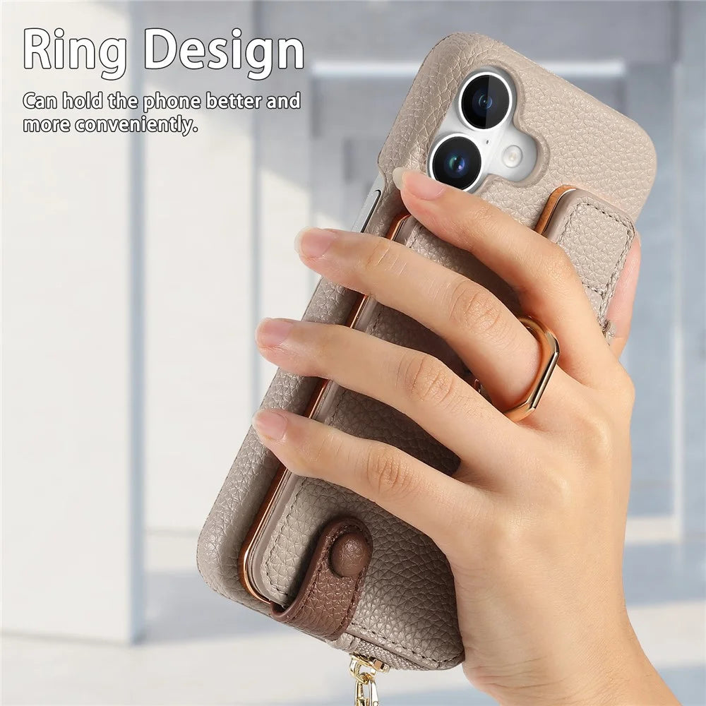 Y3 For iPhone 16 Case Card Holder Kickstand Leather+TPU Phone Cover with Zipper Pocket - Khaki - 5