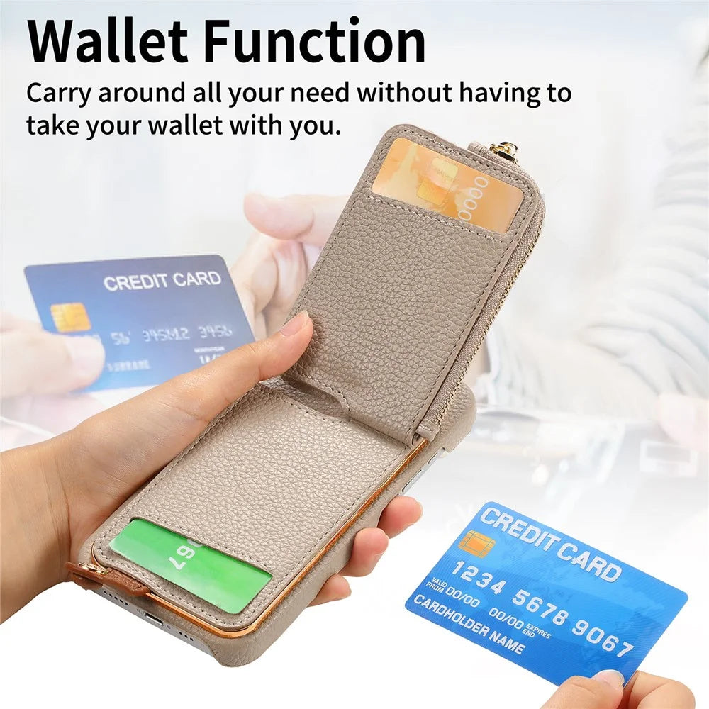 Y3 For iPhone 16 Case Card Holder Kickstand Leather+TPU Phone Cover with Zipper Pocket - Khaki - 6
