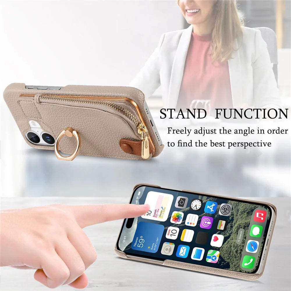 Y3 For iPhone 16 Case Card Holder Kickstand Leather+TPU Phone Cover with Zipper Pocket - Khaki - 7