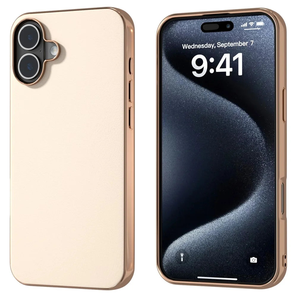 For iPhone 16 Plus Case Electroplating Edge PU Leather Coated TPU+PC Phone Cover - Light Yellow - 1