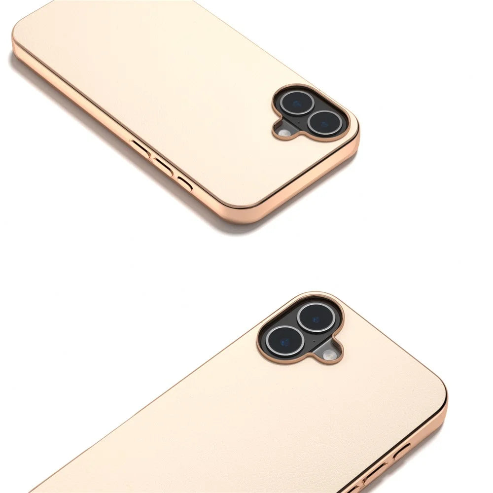 For iPhone 16 Plus Case Electroplating Edge PU Leather Coated TPU+PC Phone Cover - Light Yellow - 2