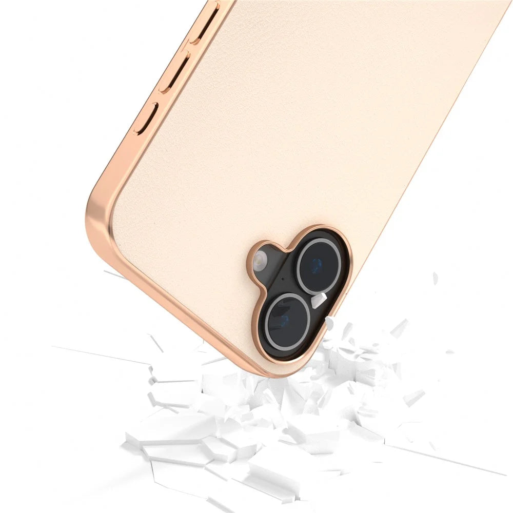 For iPhone 16 Plus Case Electroplating Edge PU Leather Coated TPU+PC Phone Cover - Light Yellow - 3
