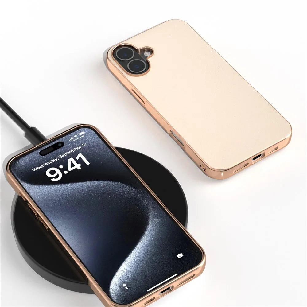 For iPhone 16 Plus Case Electroplating Edge PU Leather Coated TPU+PC Phone Cover - Light Yellow - 4