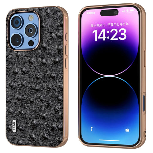ABEEL For iPhone 16 Pro Max Case Electroplating Edge Ostrich Texture Genuine Cow Leather Back Cover - Black - 1