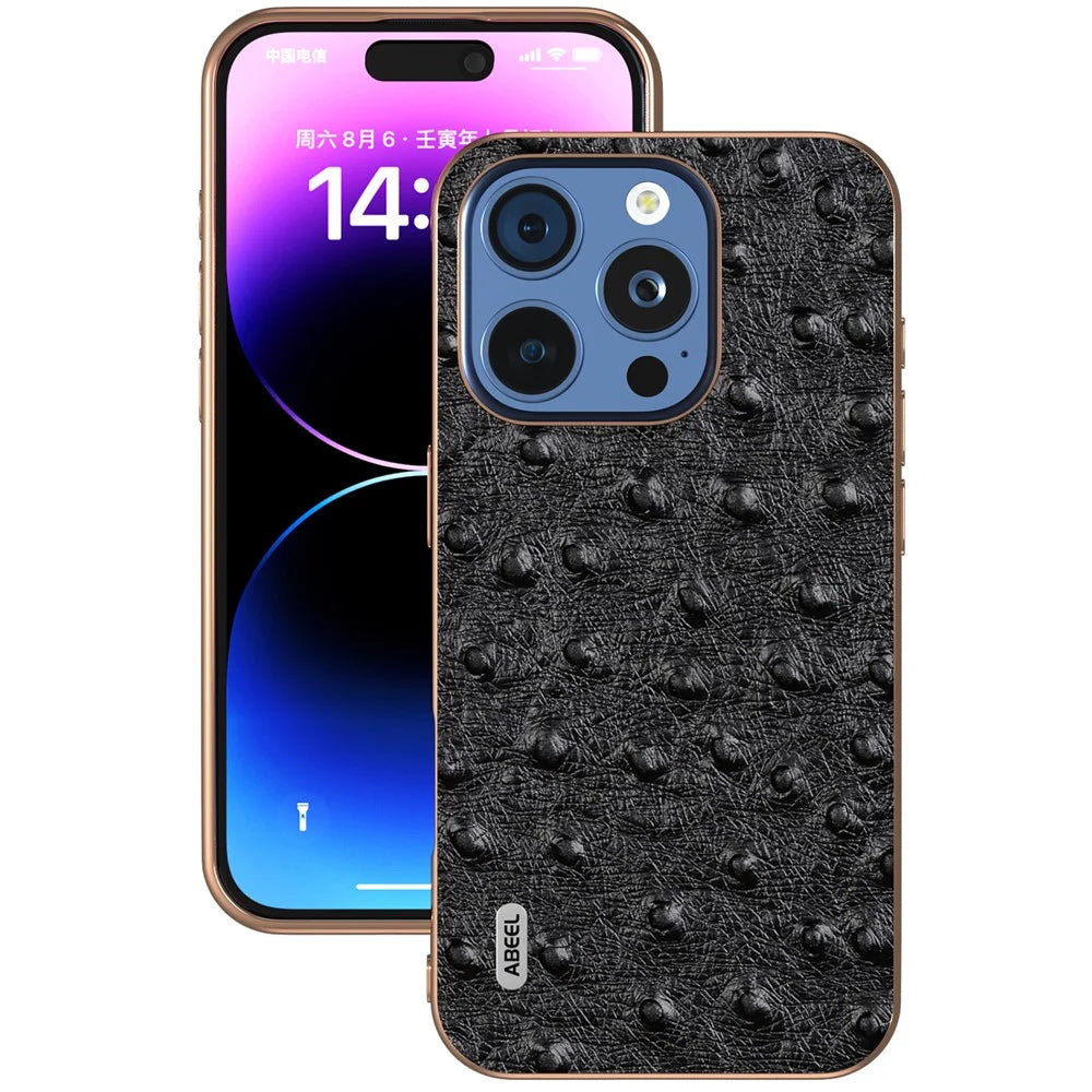 ABEEL For iPhone 16 Pro Max Case Electroplating Edge Ostrich Texture Genuine Cow Leather Back Cover - Black - 2