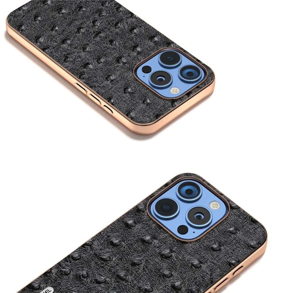ABEEL For iPhone 16 Pro Max Case Electroplating Edge Ostrich Texture Genuine Cow Leather Back Cover - Black - 4
