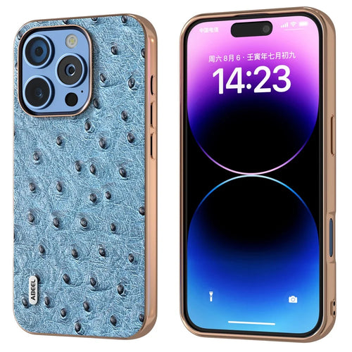 ABEEL For iPhone 16 Pro Case Electroplating Edge Ostrich Texture Genuine Cow Leather Back Cover - Blue - 1