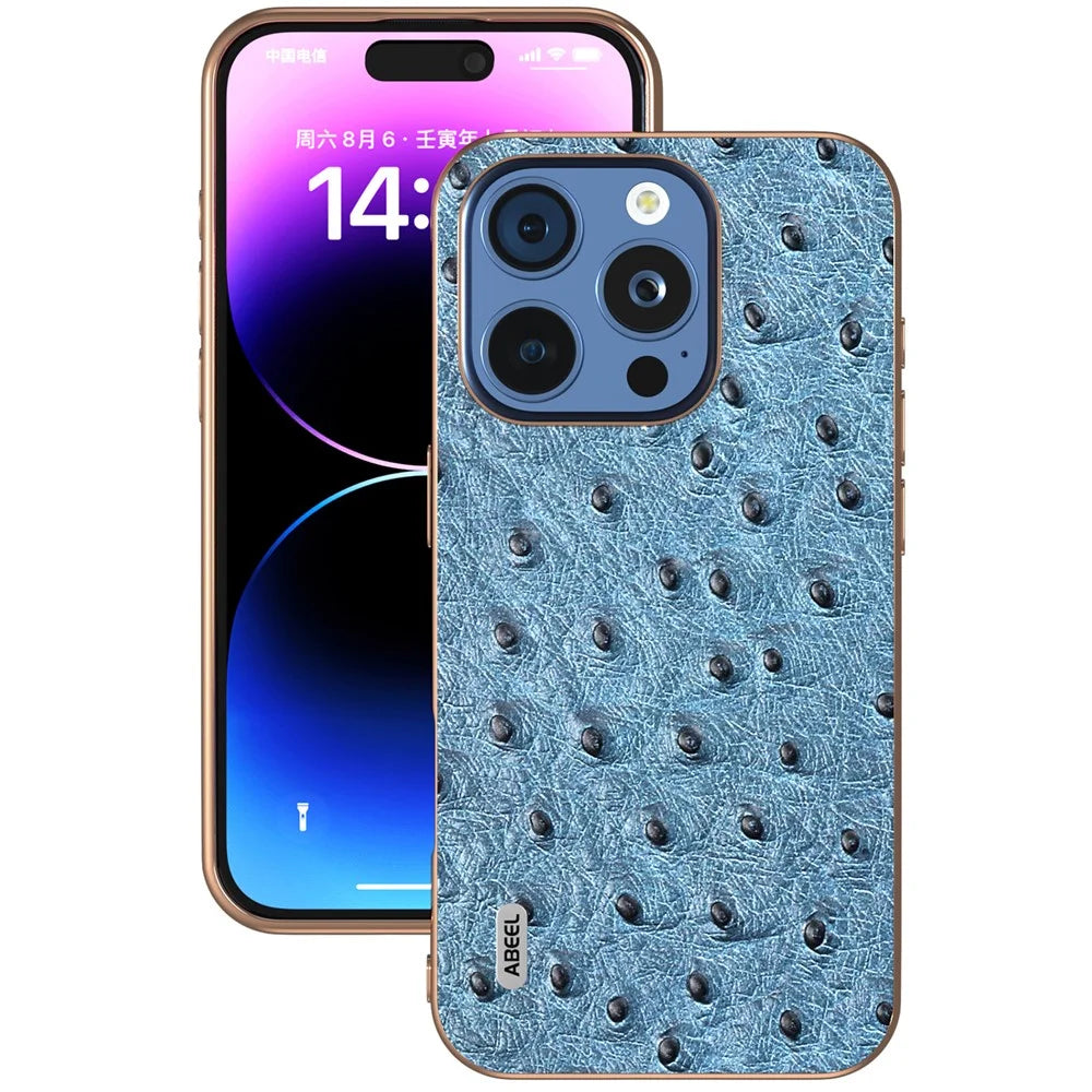 ABEEL For iPhone 16 Pro Case Electroplating Edge Ostrich Texture Genuine Cow Leather Back Cover - Blue - 2