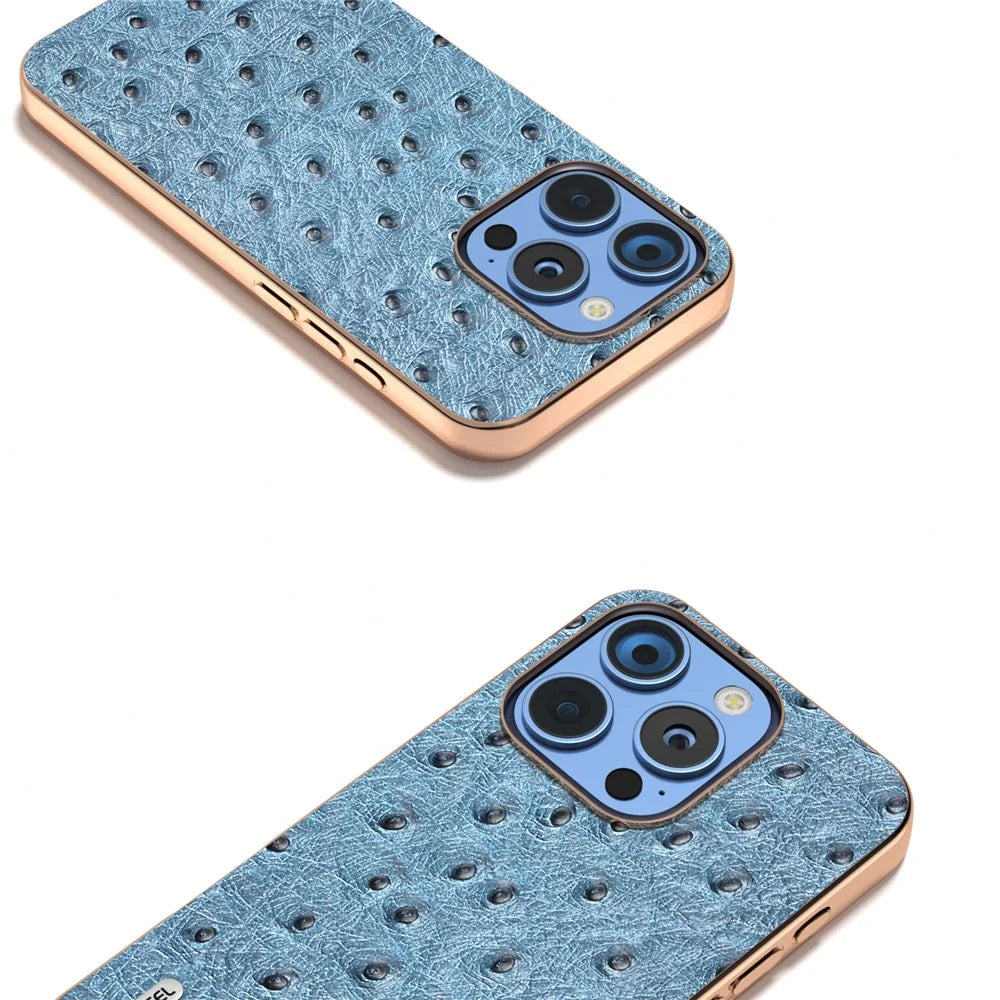 ABEEL For iPhone 16 Pro Case Electroplating Edge Ostrich Texture Genuine Cow Leather Back Cover - Blue - 3