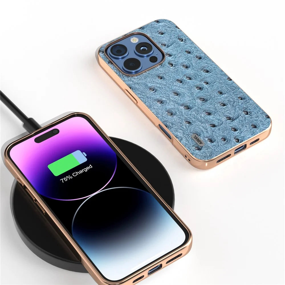 ABEEL For iPhone 16 Pro Case Electroplating Edge Ostrich Texture Genuine Cow Leather Back Cover - Blue - 4