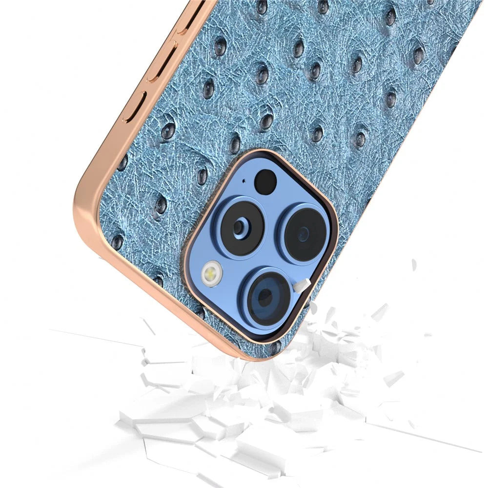 ABEEL For iPhone 16 Pro Case Electroplating Edge Ostrich Texture Genuine Cow Leather Back Cover - Blue - 5