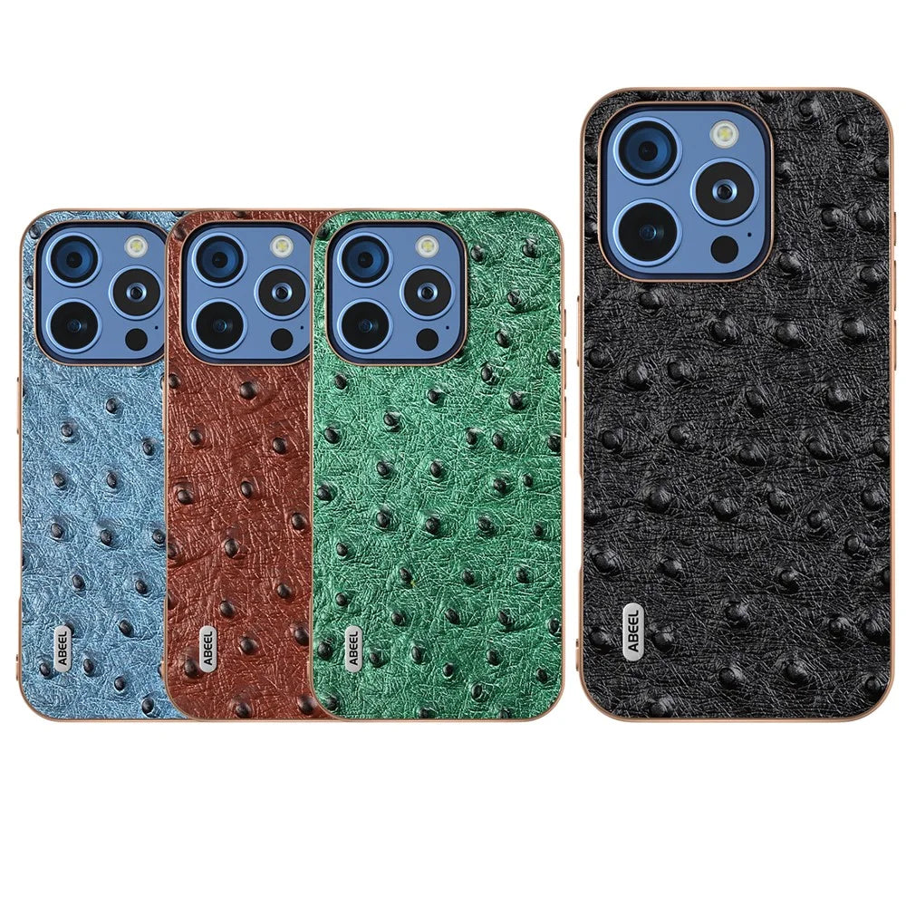 ABEEL For iPhone 16 Pro Case Electroplating Edge Ostrich Texture Genuine Cow Leather Back Cover - Blue - 6