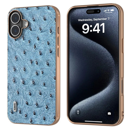 ABEEL For iPhone 16 Plus Case Electroplating Edge Ostrich Texture Genuine Cow Leather Back Cover - Blue - 1