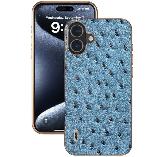 ABEEL For iPhone 16 Plus Case Electroplating Edge Ostrich Texture Genuine Cow Leather Back Cover - Blue - 2