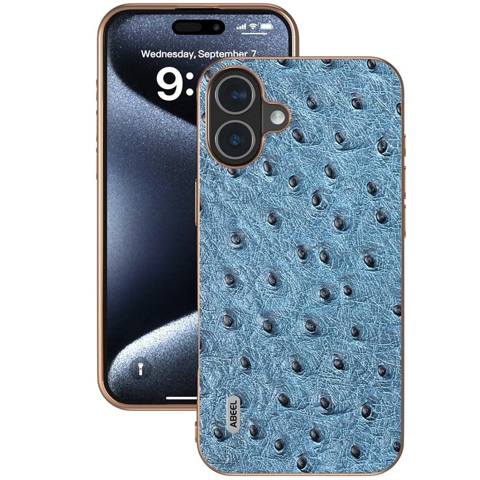 ABEEL For iPhone 16 Plus Case Electroplating Edge Ostrich Texture Genuine Cow Leather Back Cover - Blue - 2