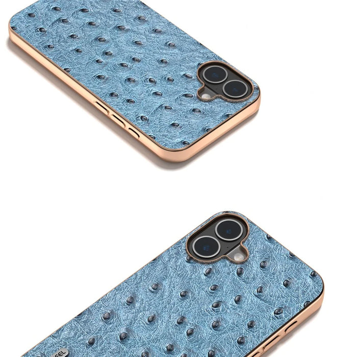 ABEEL For iPhone 16 Plus Case Electroplating Edge Ostrich Texture Genuine Cow Leather Back Cover - Blue - 3