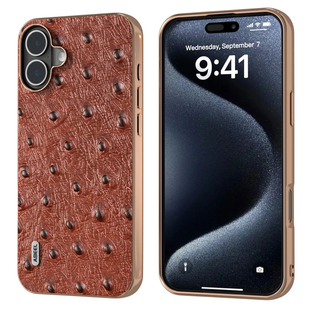 ABEEL For iPhone 16 Case Electroplating Edge Ostrich Texture Genuine Cow Leather Back Cover - Coffee - 1