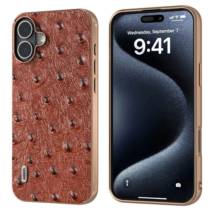 ABEEL For iPhone 16 Case Electroplating Edge Ostrich Texture Genuine Cow Leather Back Cover - Coffee - 1