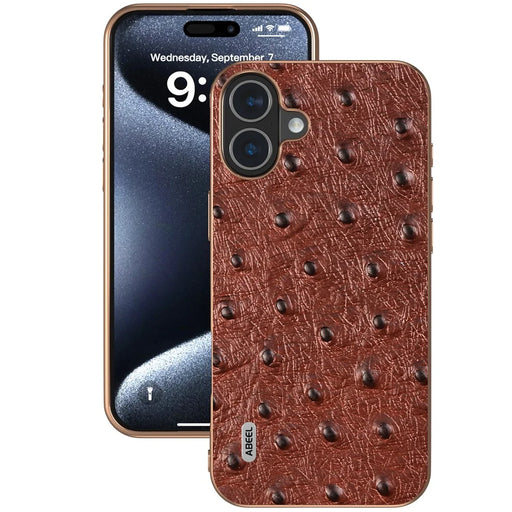 ABEEL For iPhone 16 Case Electroplating Edge Ostrich Texture Genuine Cow Leather Back Cover - Coffee - 2