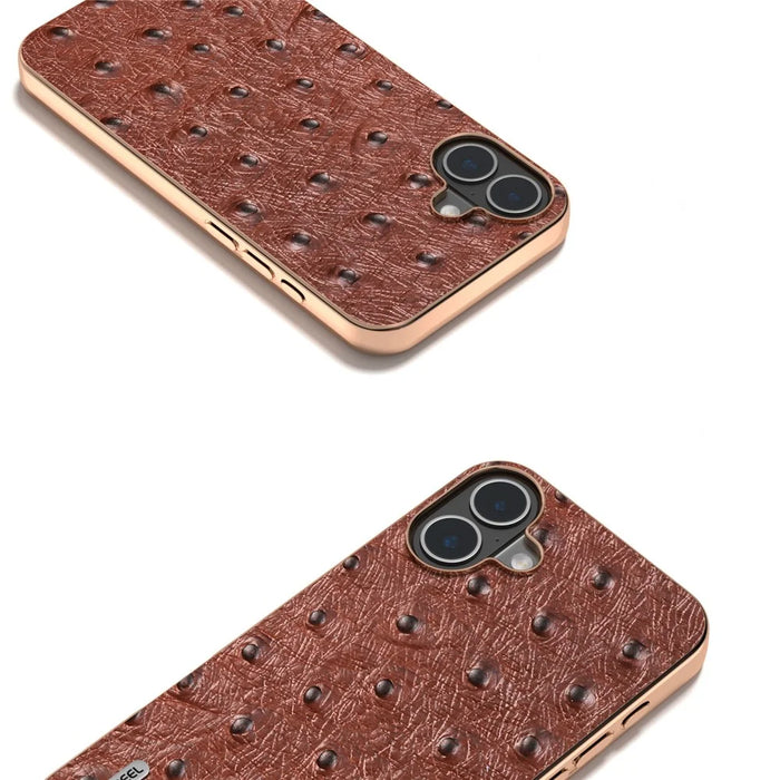 ABEEL For iPhone 16 Case Electroplating Edge Ostrich Texture Genuine Cow Leather Back Cover - Coffee - 3