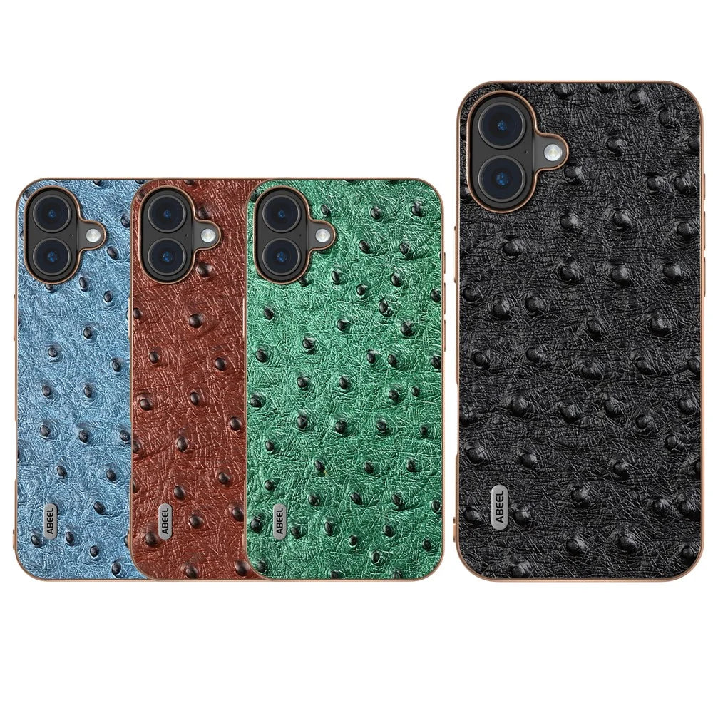 ABEEL For iPhone 16 Case Electroplating Edge Ostrich Texture Genuine Cow Leather Back Cover - Coffee - 6
