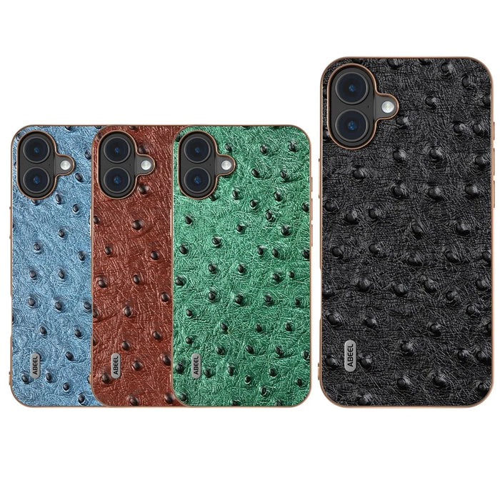 ABEEL For iPhone 16 Case Electroplating Edge Ostrich Texture Genuine Cow Leather Back Cover - Coffee - 6