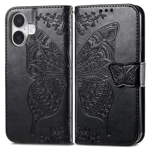 For iPhone 16 Case PU Leather Wallet Phone Cover Butterfly Pattern - Black - 1