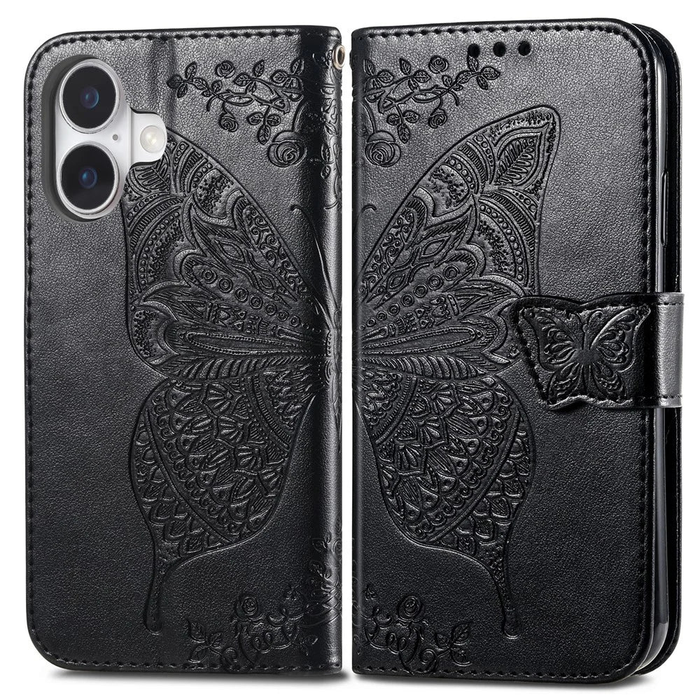 For iPhone 16 Case PU Leather Wallet Phone Cover Butterfly Pattern - Black - 1