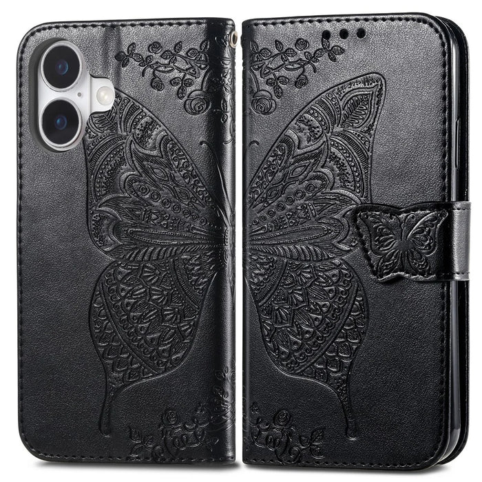 For iPhone 16 Case PU Leather Wallet Phone Cover Butterfly Pattern - Black - 1