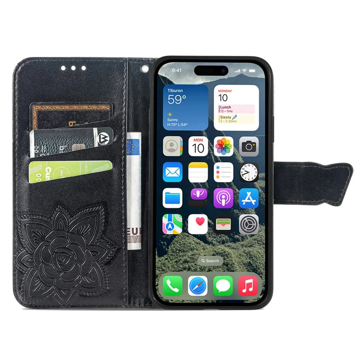 For iPhone 16 Case PU Leather Wallet Phone Cover Butterfly Pattern - Black - 2