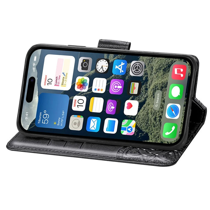 For iPhone 16 Case PU Leather Wallet Phone Cover Butterfly Pattern - Black - 3