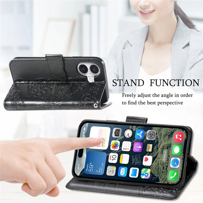 For iPhone 16 Case PU Leather Wallet Phone Cover Butterfly Pattern - Black - 4