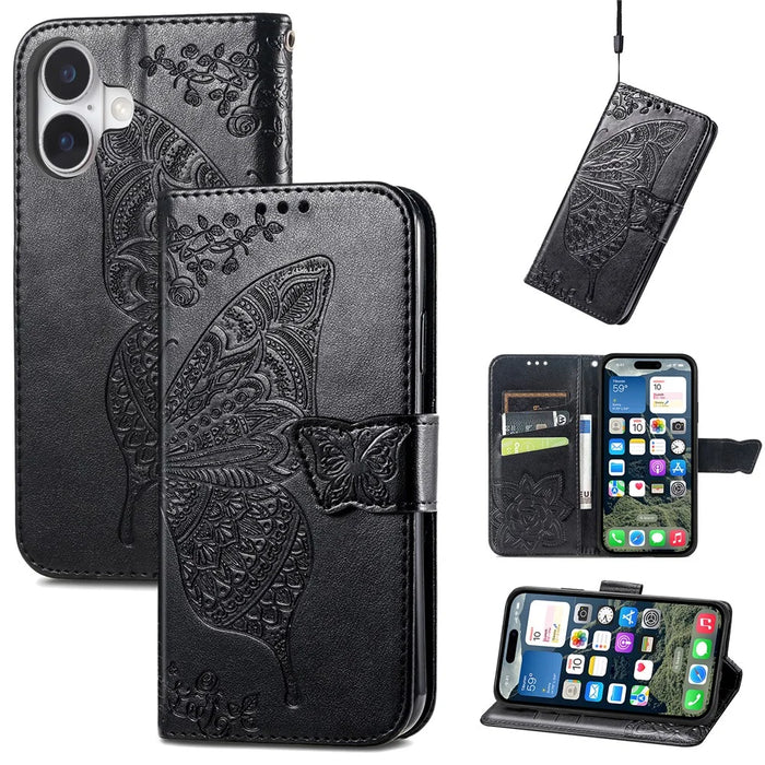 For iPhone 16 Case PU Leather Wallet Phone Cover Butterfly Pattern - Black - 5