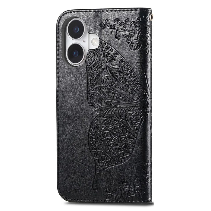 For iPhone 16 Case PU Leather Wallet Phone Cover Butterfly Pattern - Black - 7