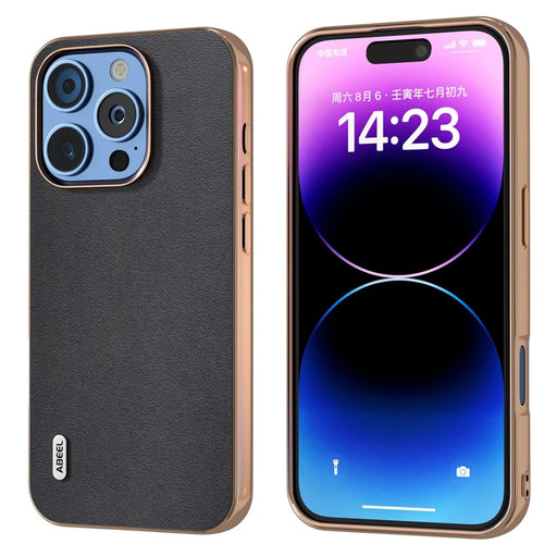 ABEEL For iPhone 16 Pro Max Case Electroplating Edge Genuine Cow Leather+PC+TPU Phone Cover - Black - 1