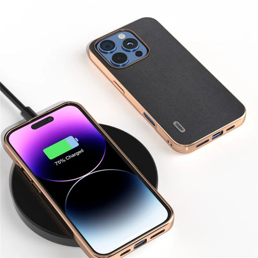 ABEEL For iPhone 16 Pro Max Case Electroplating Edge Genuine Cow Leather+PC+TPU Phone Cover - Black - 2