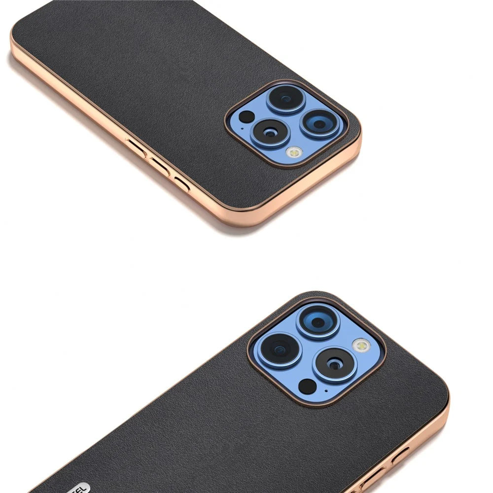 ABEEL For iPhone 16 Pro Max Case Electroplating Edge Genuine Cow Leather+PC+TPU Phone Cover - Black - 3