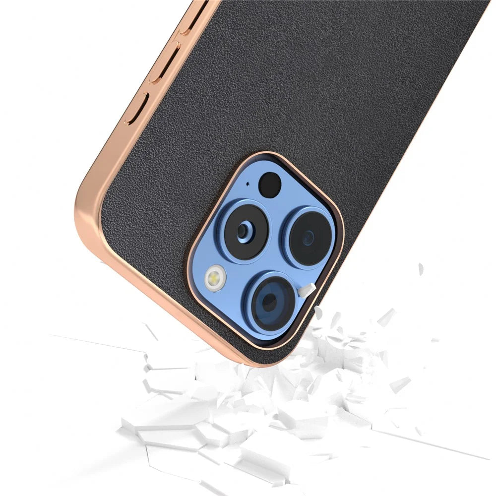 ABEEL For iPhone 16 Pro Max Case Electroplating Edge Genuine Cow Leather+PC+TPU Phone Cover - Black - 4