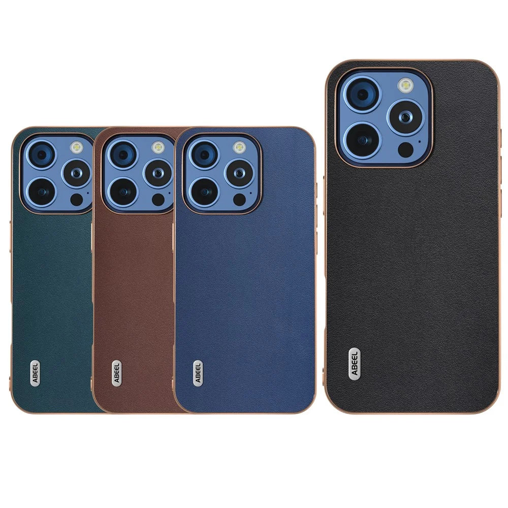 ABEEL For iPhone 16 Pro Max Case Electroplating Edge Genuine Cow Leather+PC+TPU Phone Cover - Black - 5