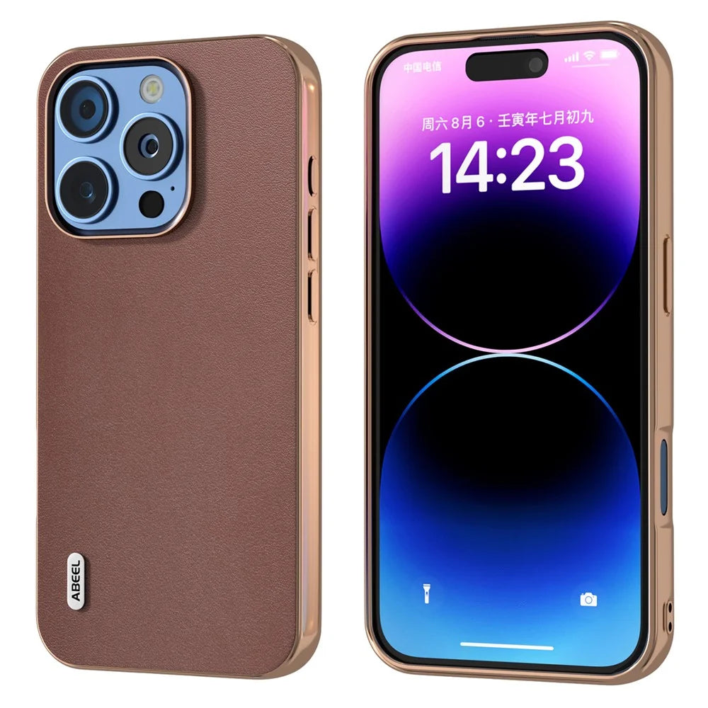 ABEEL For iPhone 16 Pro Case Electroplating Edge Genuine Cow Leather+PC+TPU Phone Cover - Coffee - 1