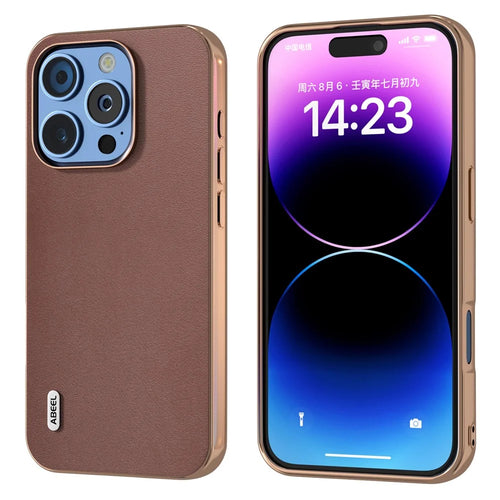 ABEEL For iPhone 16 Pro Case Electroplating Edge Genuine Cow Leather+PC+TPU Phone Cover - Coffee - 1