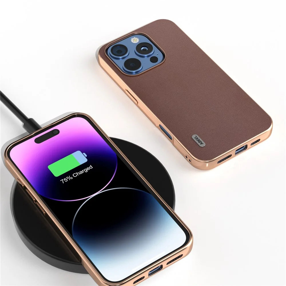 ABEEL For iPhone 16 Pro Case Electroplating Edge Genuine Cow Leather+PC+TPU Phone Cover - Coffee - 2