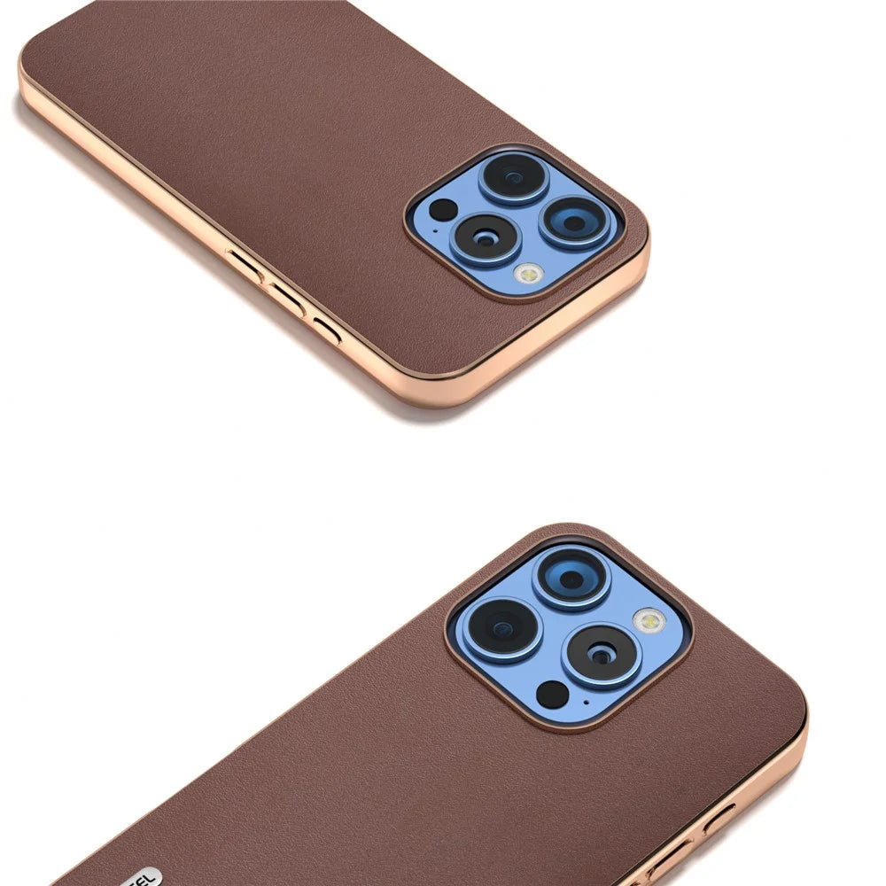 ABEEL For iPhone 16 Pro Case Electroplating Edge Genuine Cow Leather+PC+TPU Phone Cover - Coffee - 3