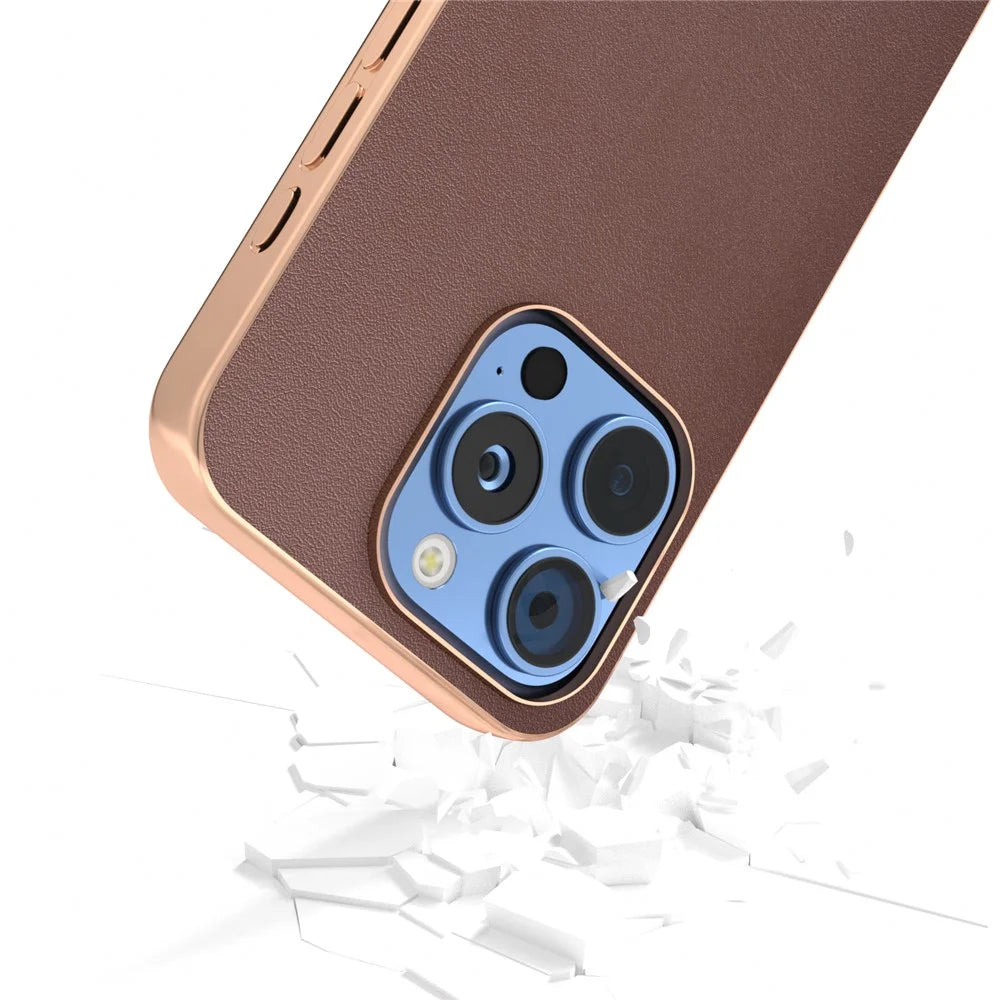 ABEEL For iPhone 16 Pro Case Electroplating Edge Genuine Cow Leather+PC+TPU Phone Cover - Coffee - 4