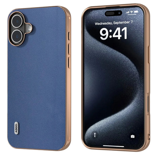 ABEEL For iPhone 16 Plus Case Electroplating Edge Genuine Cow Leather+PC+TPU Phone Cover - Blue - 1