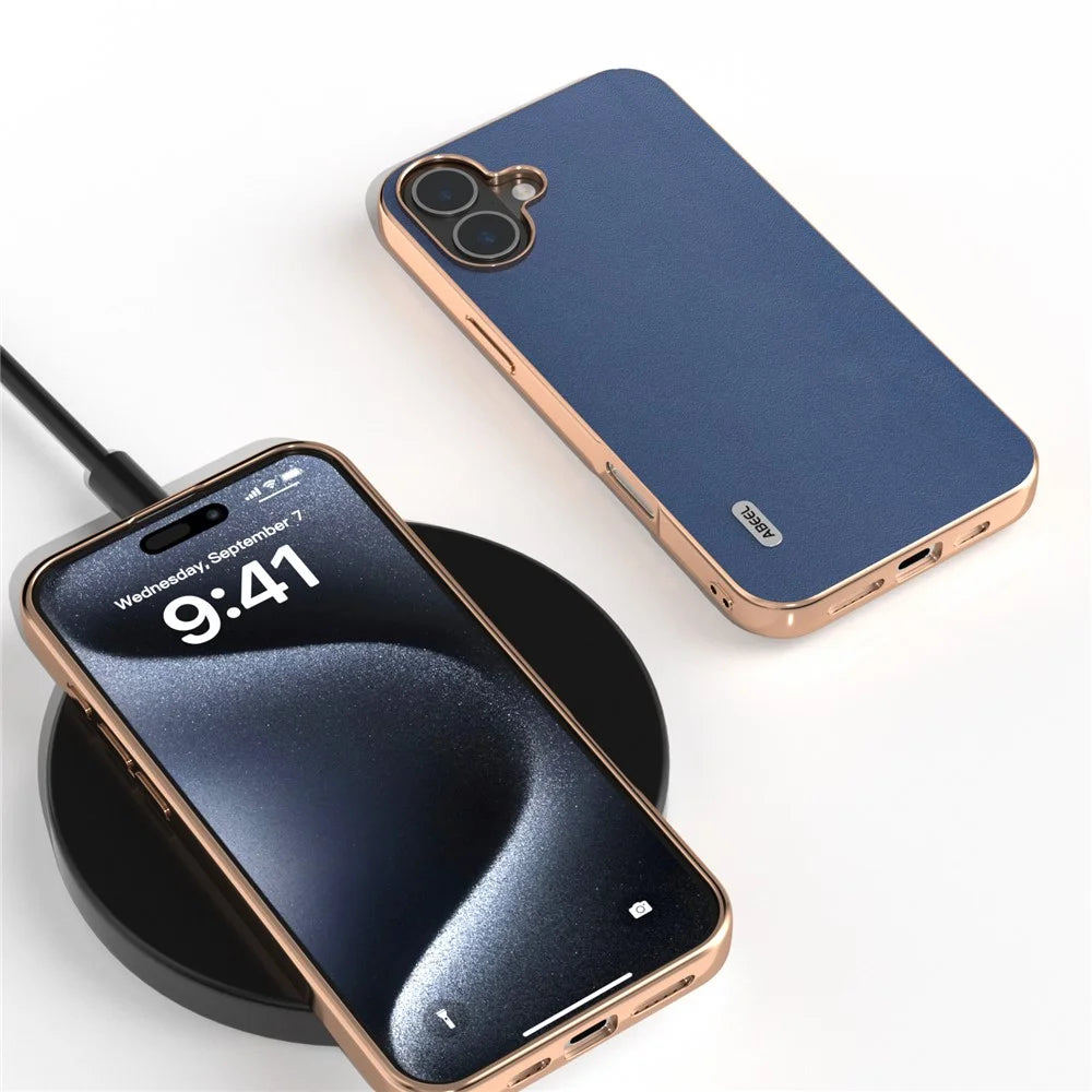 ABEEL For iPhone 16 Plus Case Electroplating Edge Genuine Cow Leather+PC+TPU Phone Cover - Blue - 2